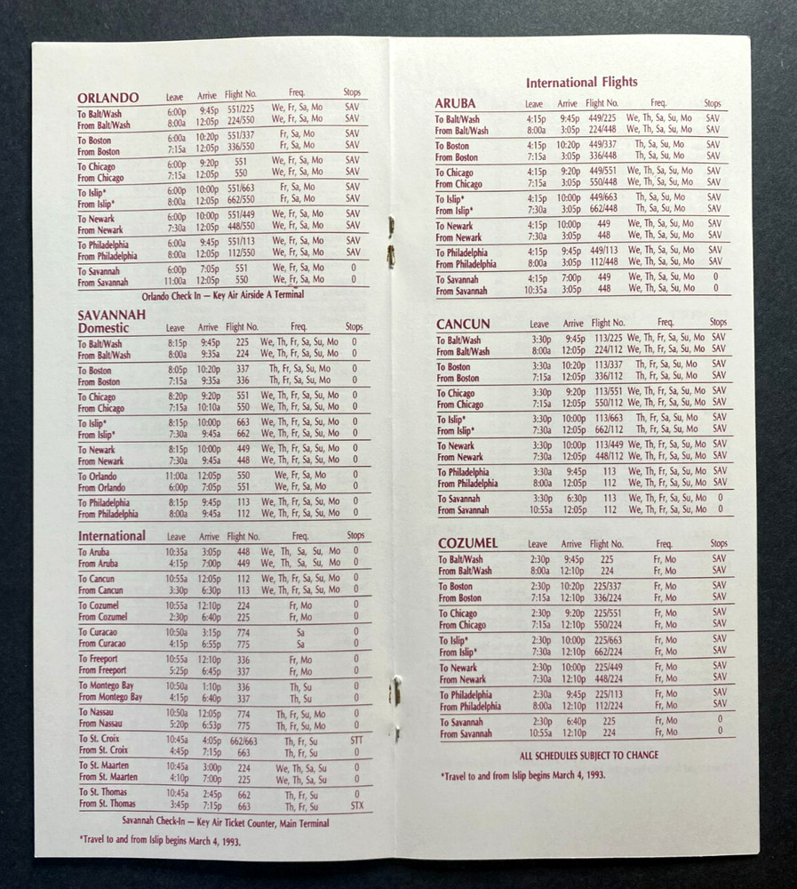 KEY AIR Timetable Effective December 30, 1992
