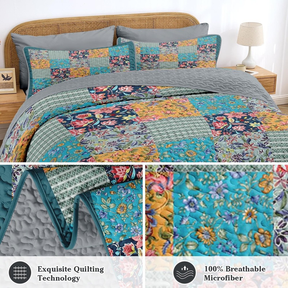Patchwork Quilt Set Queen Size, Rustic Flowers 3 Pcs Soft Bed Cover Bedding S...