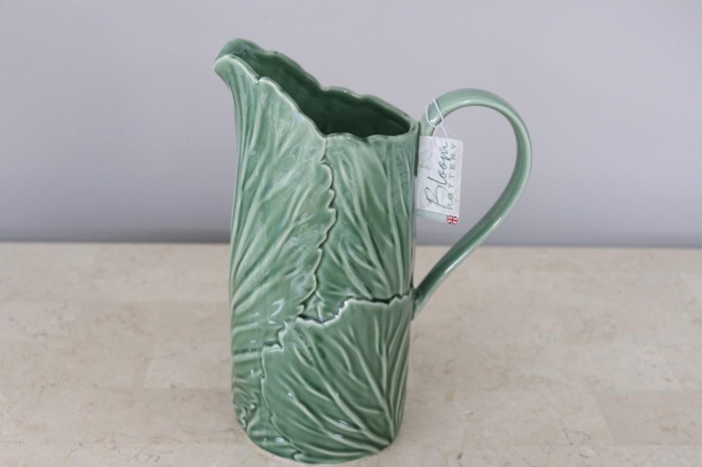 EATON FINE DINING BLOOM POTTERY CERAMIC EMBOSSED CABBAGE SHAPED PITCHER - GREEN