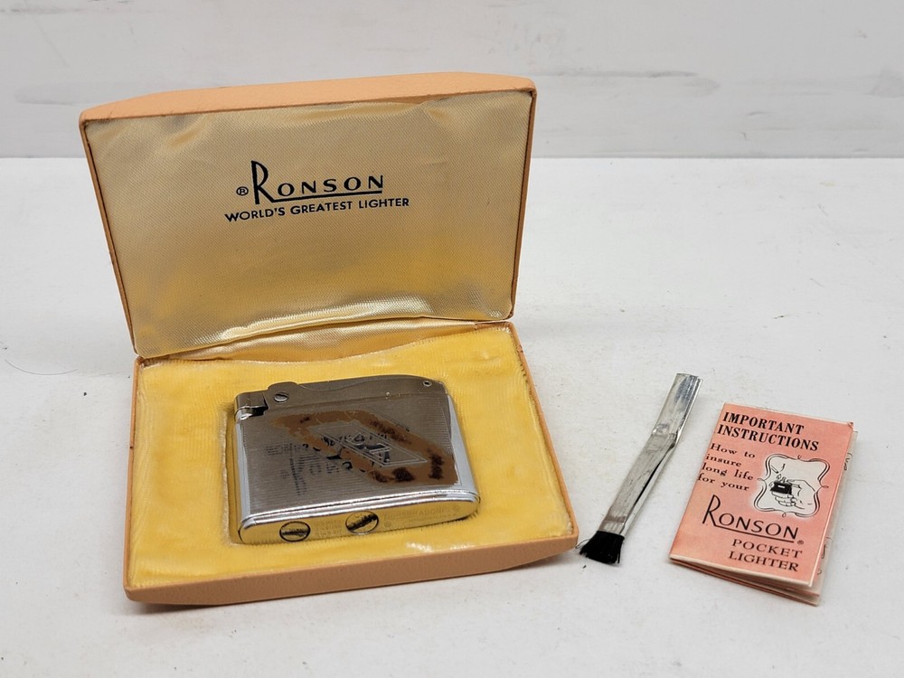 VTG RONSON ADONIS CIGARETTE LIGHTER  SILVER W ORIGINAL BOX INSTRUCTIONS & BRUSH
