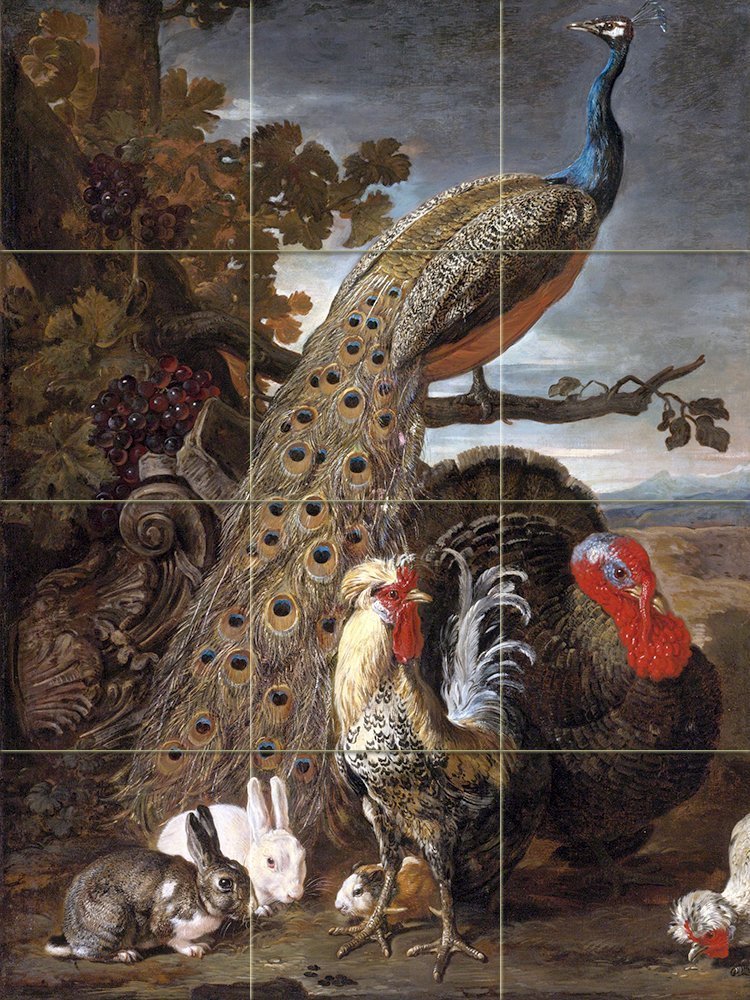A PEACOCK TURKEY RABBITS Tile Mural Kitchen Bathroom Wall Backsplash 12.75x17
