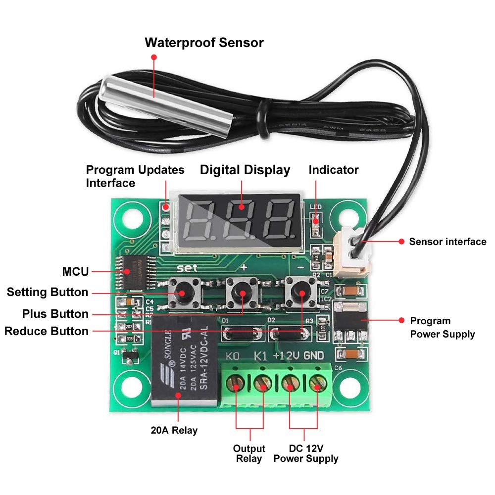 AITRIP 3PCS W1209 12V DC Digital Temperature Controller Board with 10A 3-pack