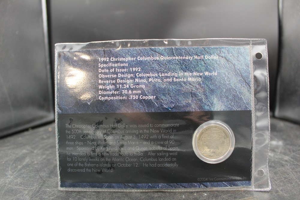 1992s Christopher Columbus Quincentenary Clad Half Dollar, set with stamp.