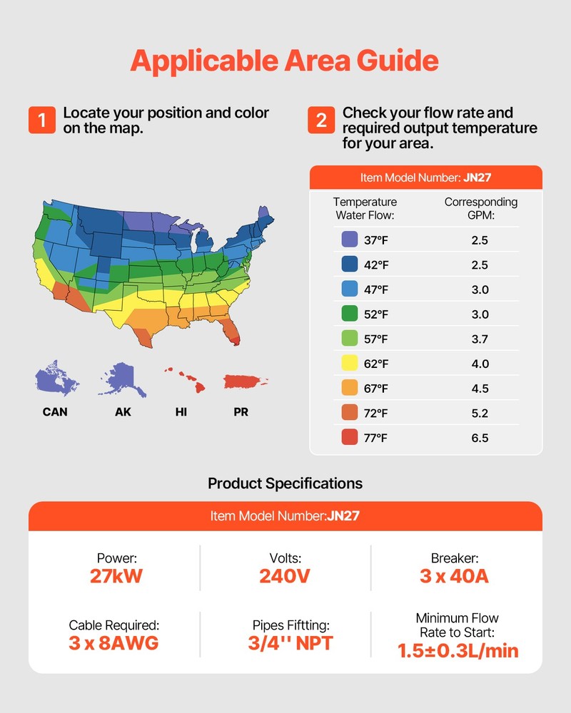 VEVOR 27kW Tankless Electric Water Heater Instant Hot with LCD Touch Child Lock