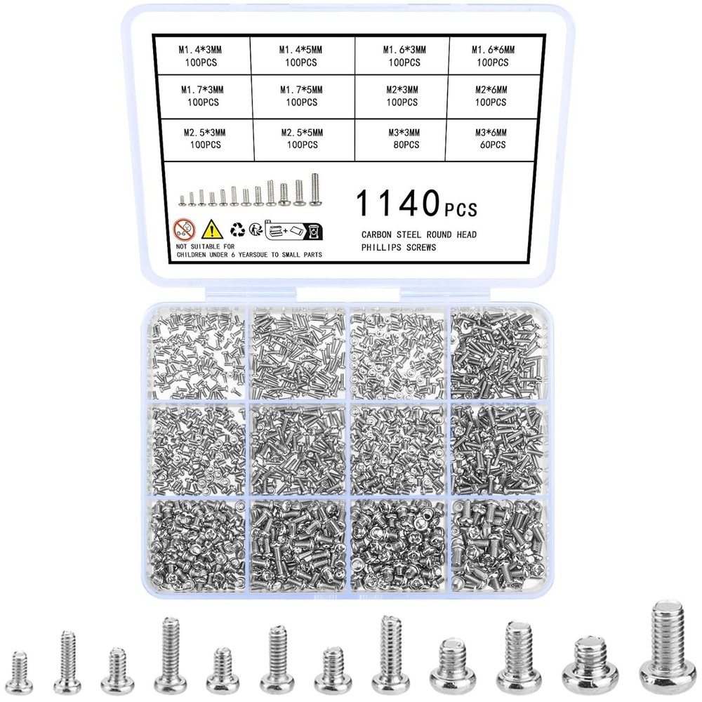 1140Pcs Tiny Screws Electronics M1.4 M1.6 M1.7 M2 M2.5 Replacement Computer Kit