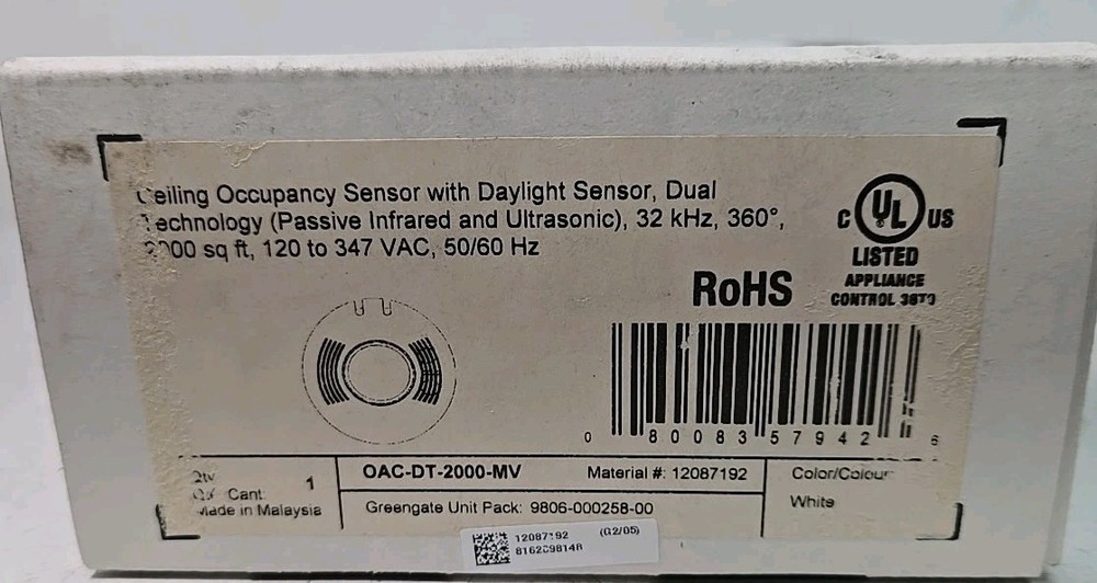 Greengate Cooper OAC-DT-2000-MV Ceiling Occupancy Daylight Sensor, Passive White