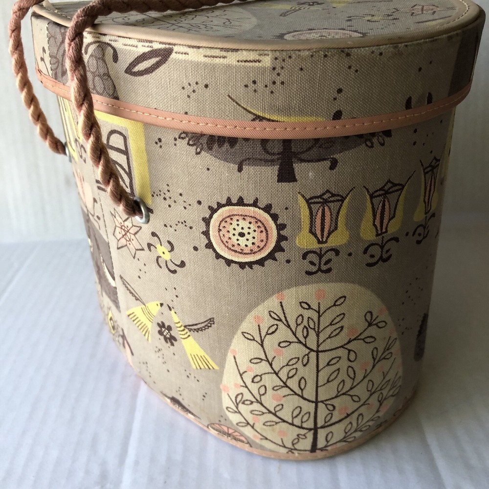 Vintage Kerk Guild Oval Sewing Box MCM Retro Pattern Tan Pink Fabric Covered