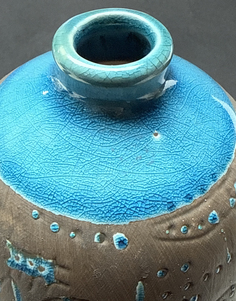 Contemporary Ashluxe Handmade Ceramic Table Vase Script Blue Brown Crackle As Is