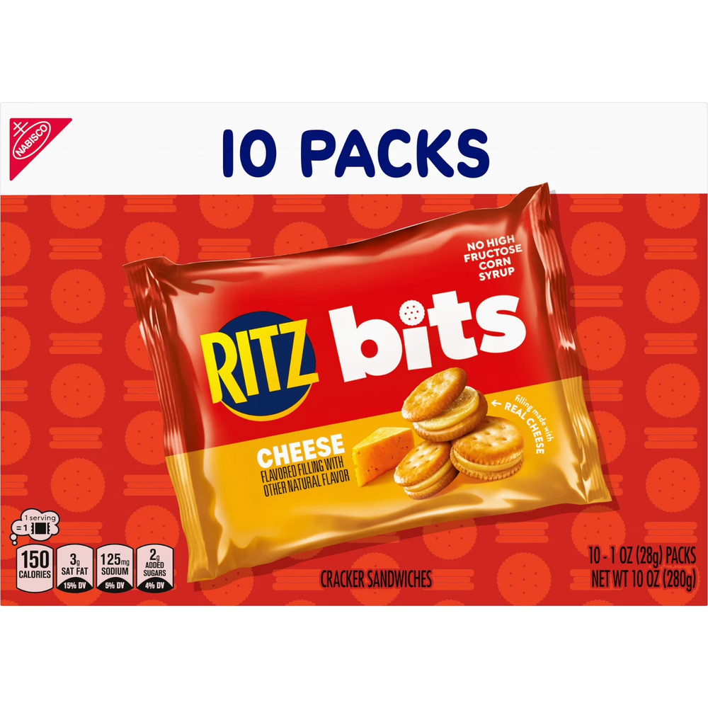 RITZ Bits Cheese Sandwich Crackers, Lunch Snacks, 10 Snack Packs