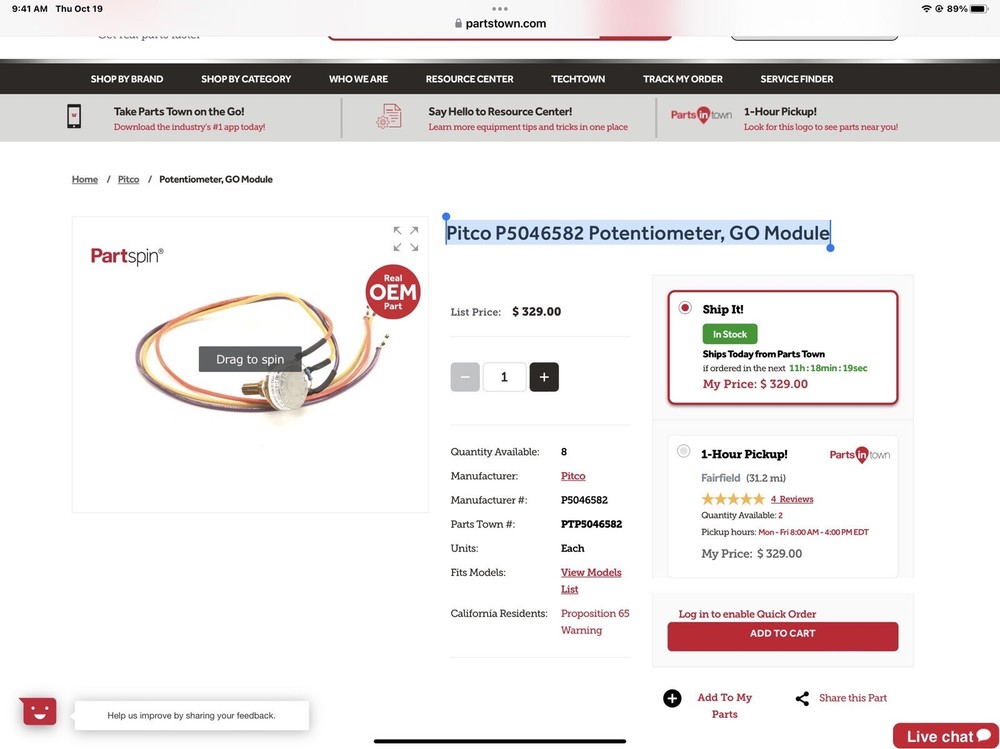 Pitco P5046582 Potentiometer, GO Module
