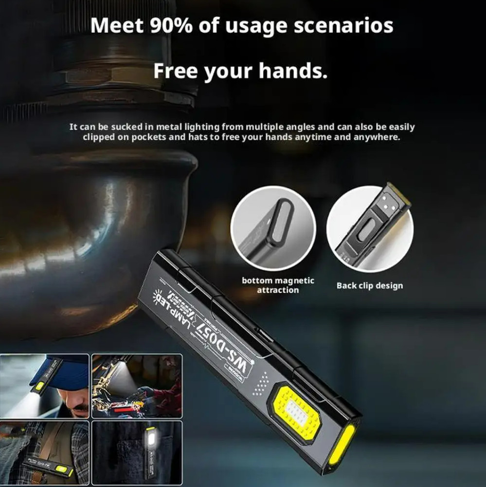 Portable USB Rechargeable Flashlight + Side Light Torch Mini Work COB LED Clip