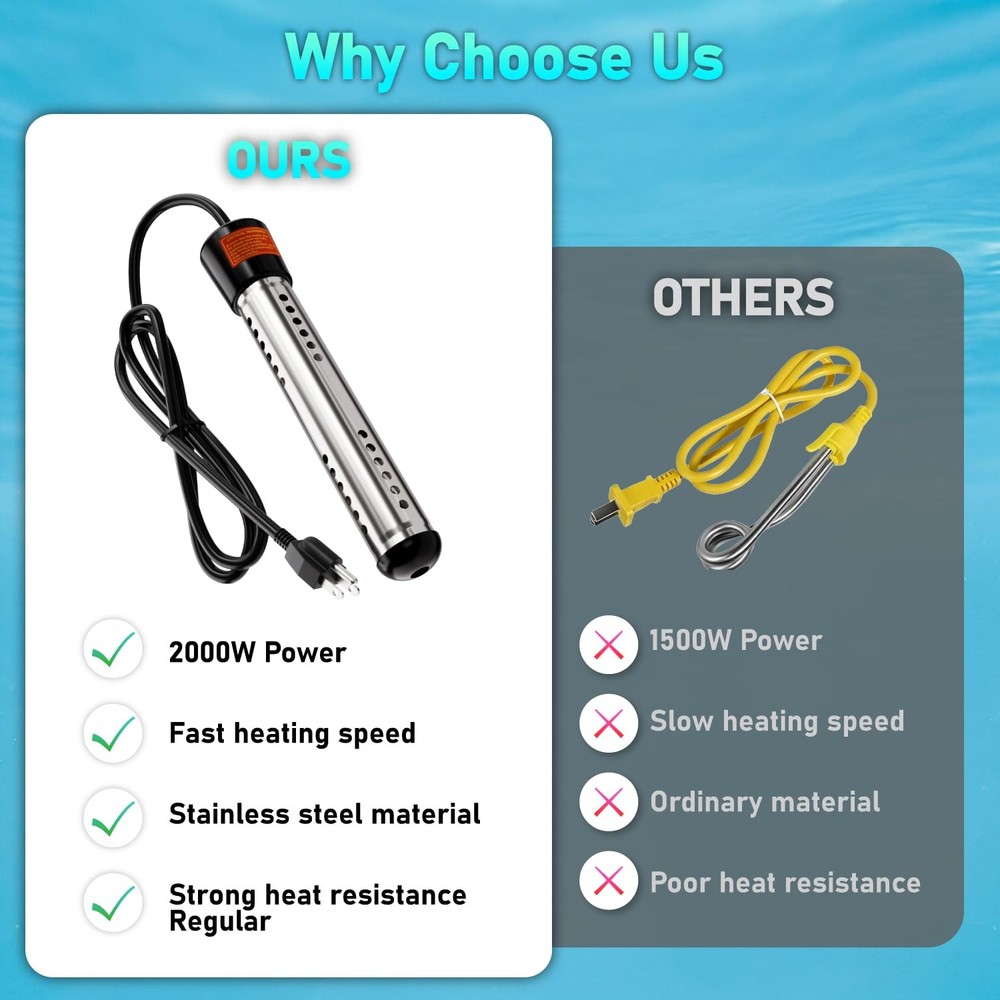 Immersion Water Heater Electric 2000W, Portable Submersible Water Heater with...