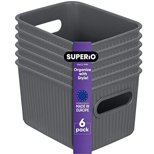 Superio 1.5 L Mini Ribbed Storage Bin- Plastic Storage Basket (Grey, 6 Pack)