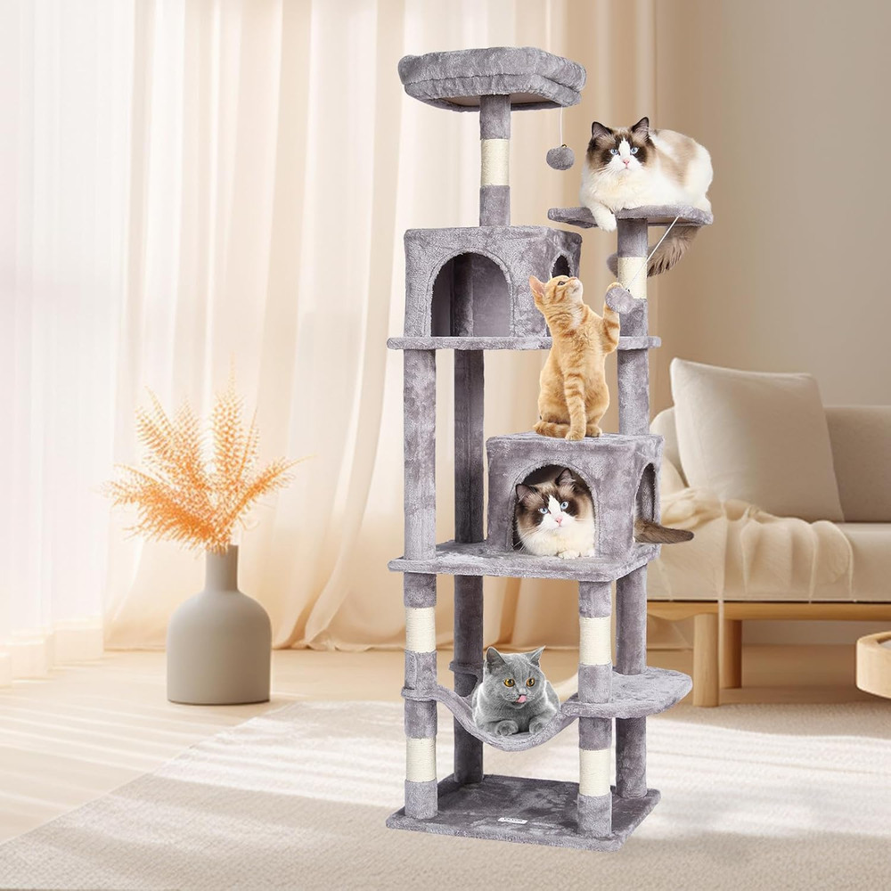 Deluxe 63" Cat Tree with Condos, Hammock, Scratching Post & Perch - Light Grey