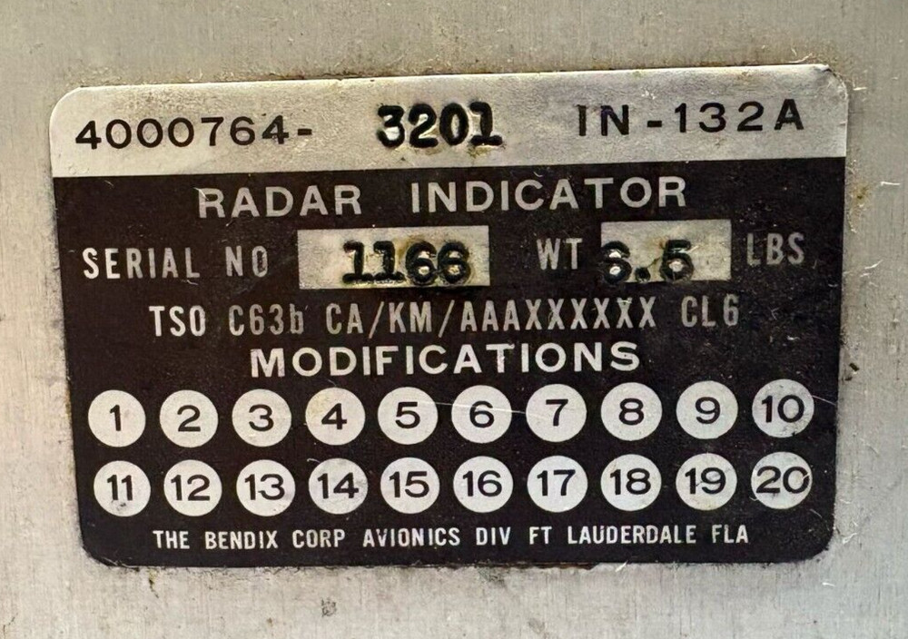 Bendix 4000764-3201 Radar Indicator IN-132A