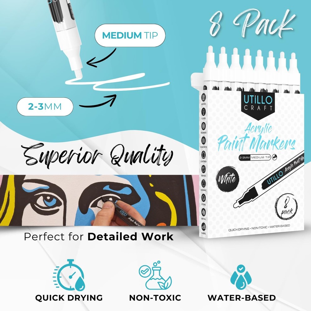 Utillo Craft 8-Pack White Paint Pens Medium Tip Made in Japan Bold 100% Coverage