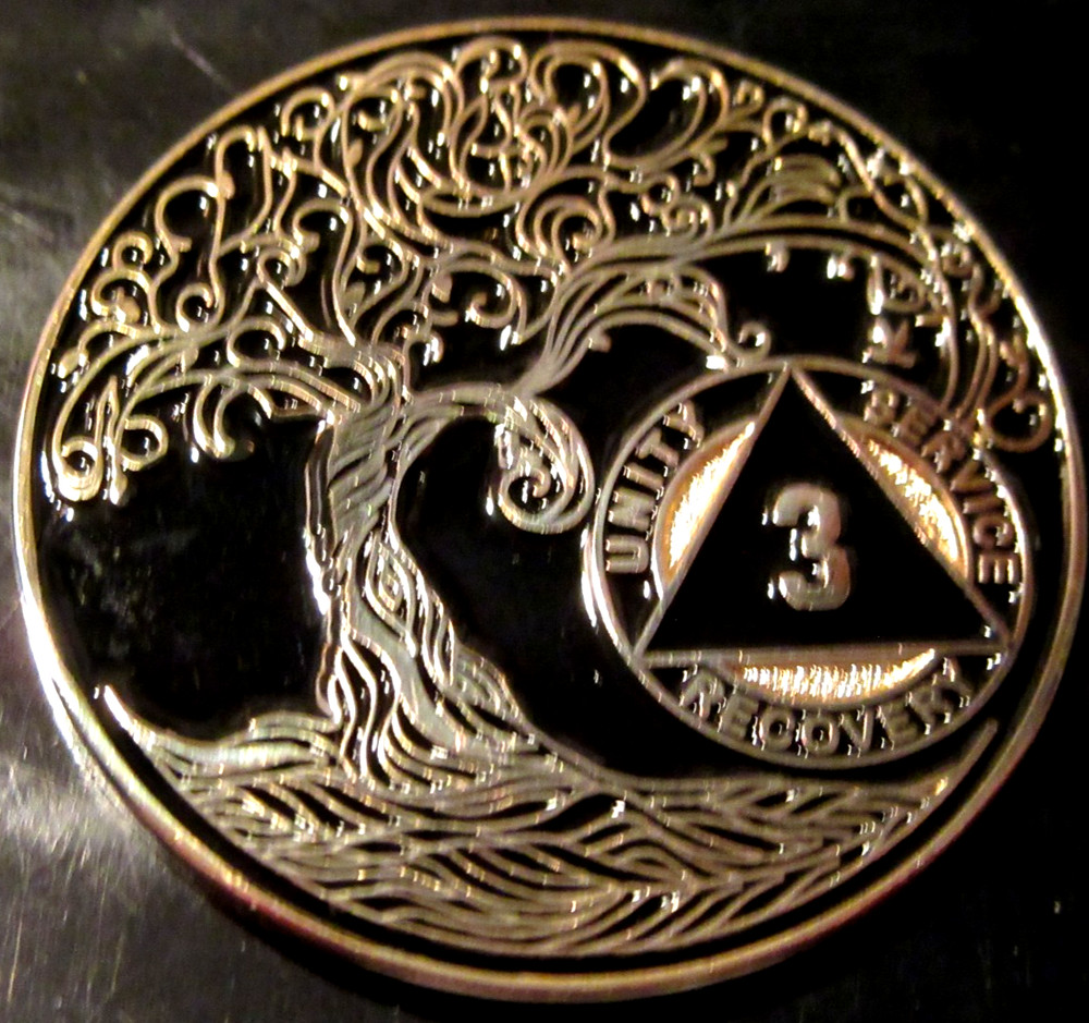 Tree Black Alcoholics Anonymous 3 year AA Medallion Coin Token chip