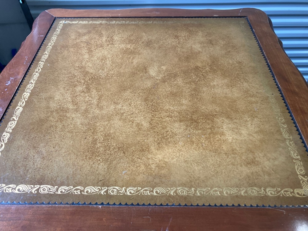 Vtg Antique Colonial Regency Style Solid Walnut Leather Gold Top Side Table