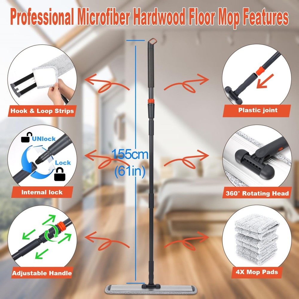 18 Professional Microfiber Mop Large Flat Mops for Floor Cleaning 4 Reusable ...