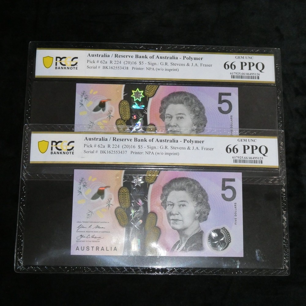 Australia 2016 $5 Consecutive Pair Stevens Fraser Banknotes PCGS 66PPQ #5126