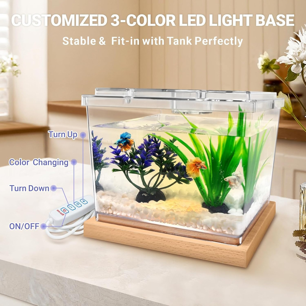 Mini Betta Fish Tank Kit with LED Light Base, Small Fish Bowl for Temporary Spac