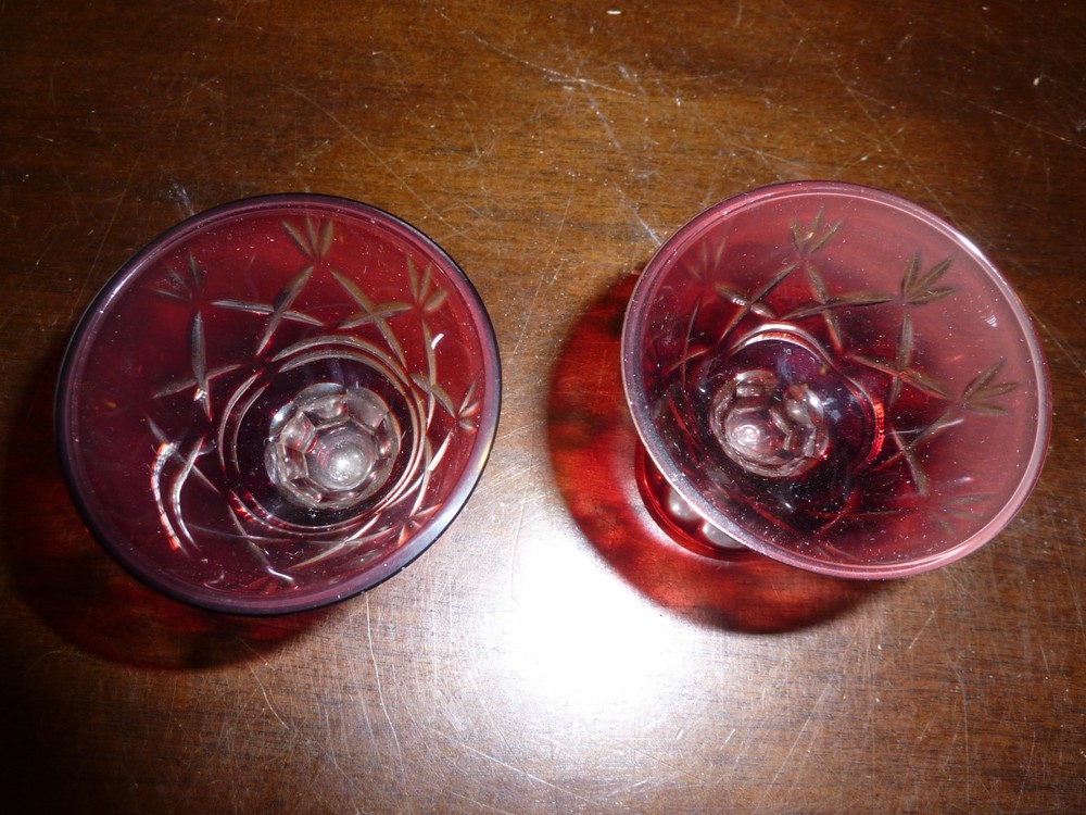 Gorgeous ruby red crystal cut to clear decanter - no stopper + 2 cordials