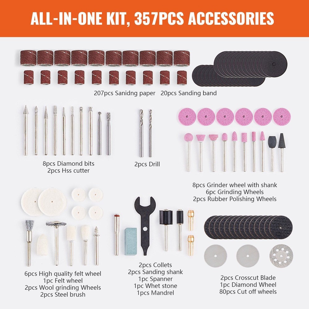 Universal Rotary Tool Accessory Kit 357PCS Accessories Kit 1/8" Diameter Shank