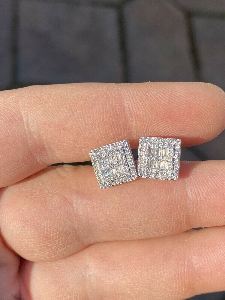 14k Gold Plated Solid Sterling Silver CZ Baguette Earrings Studs 10mm Square