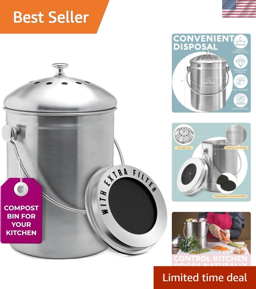 Sleek Stainless Steel Kitchen Compost Bin - Effective Odor Control & Easy Clean