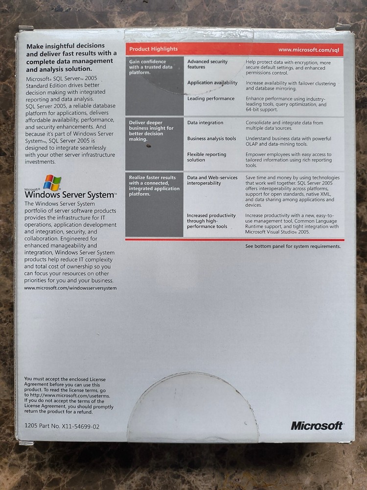 Microsoft SQL Server 2005 Standard RETAIL Box 5 CAL