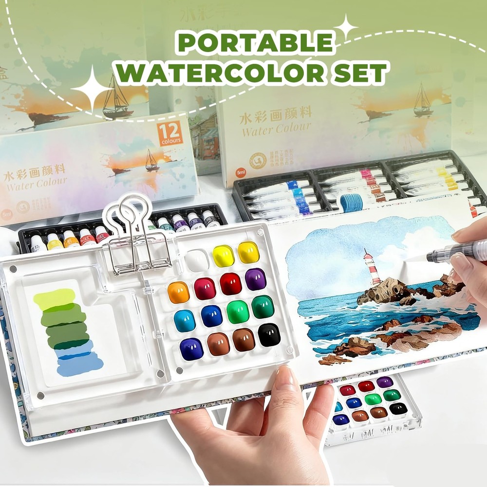 Mini Portable Watercolor Palette Set-Grid Paint Box with Binder Clips Include...