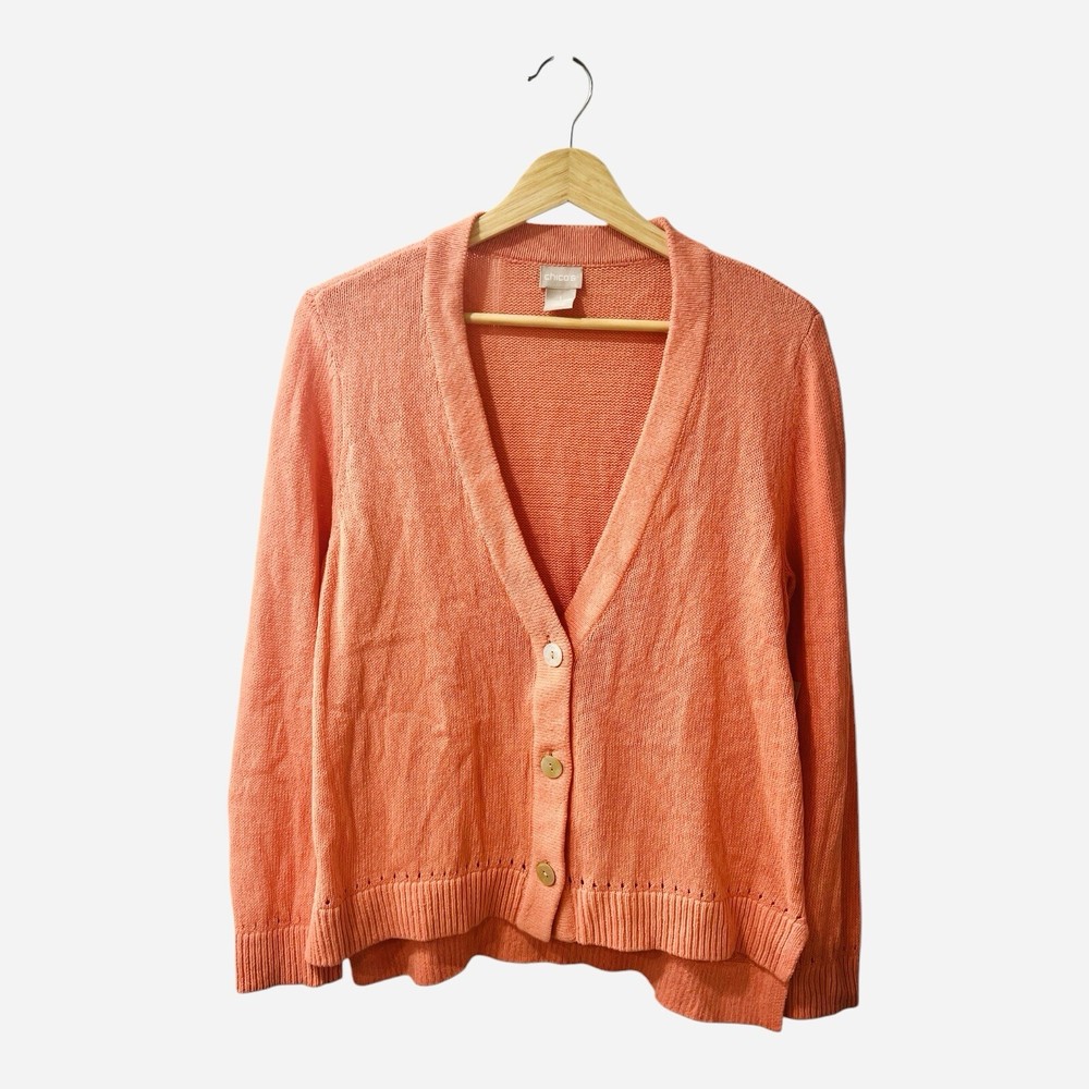 Chico’s Button Front Linen & Cotton Blend Cardigan Size Medium Sienna Rose NWT