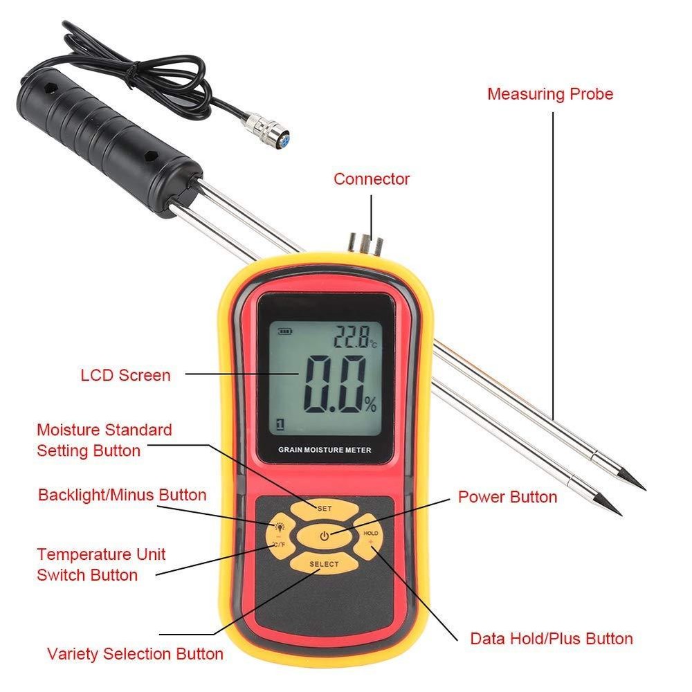 Digital Grain Moisture Meter W/Measuring Probe LCD Display Tester for Corn Wheat