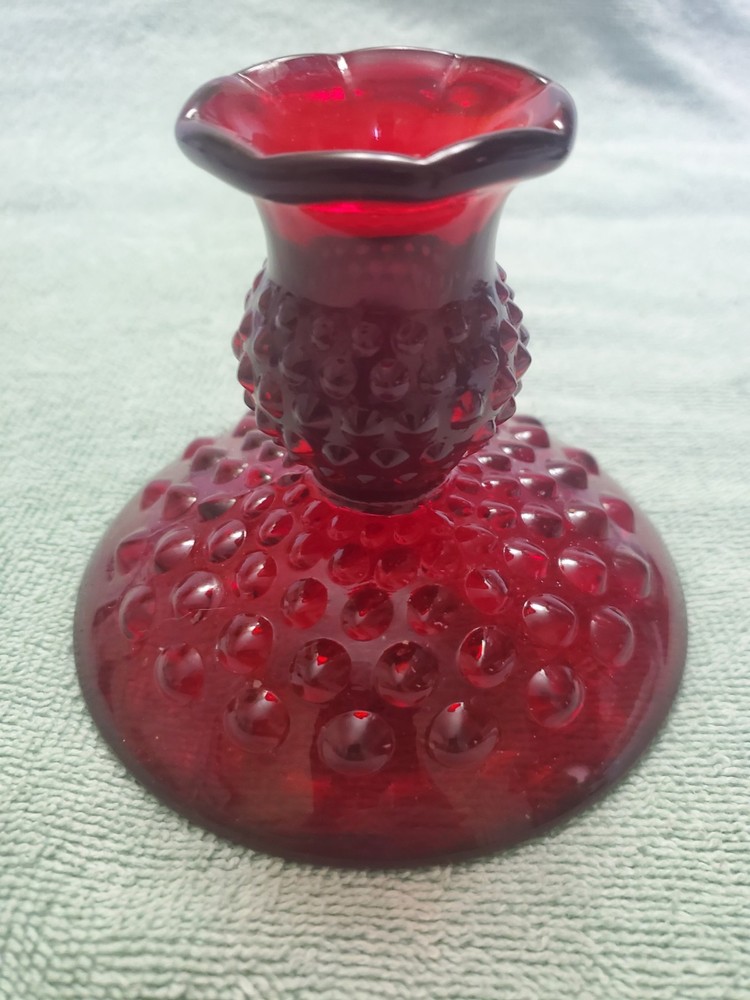 Pair Of Vintage Ruby Red Hobnail Candlestick Holders Glows B6
