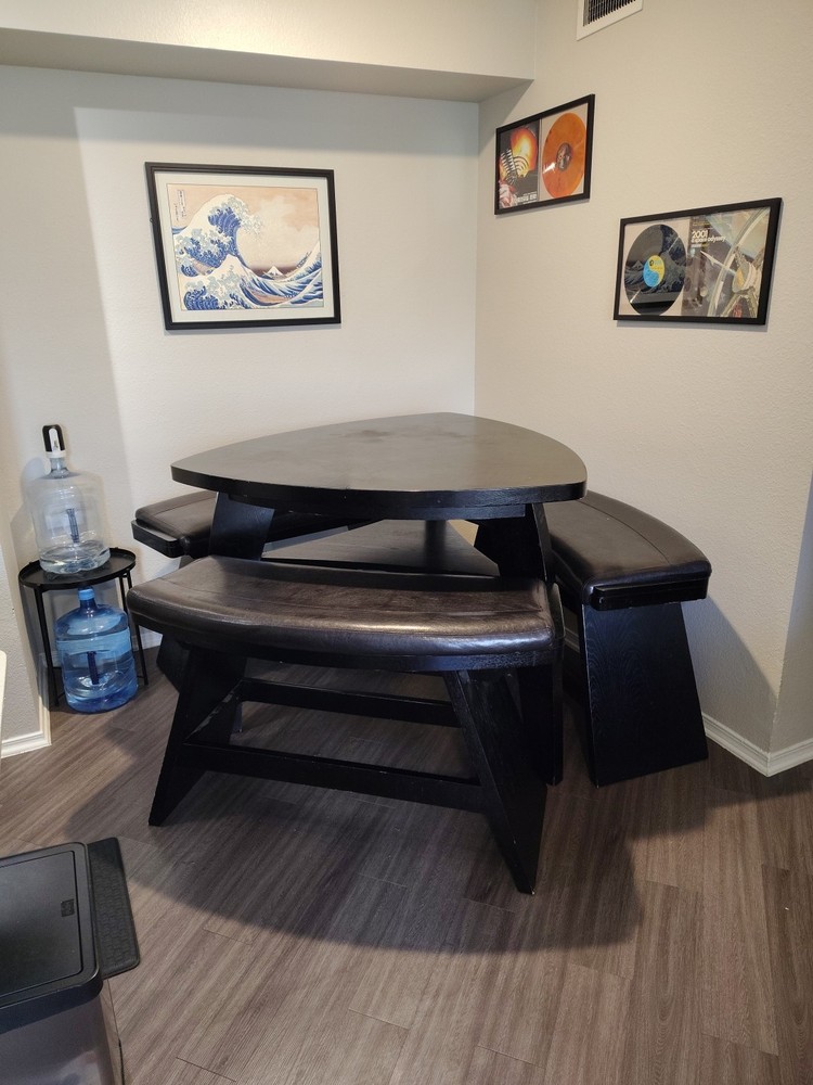 Large Black Dining Table With Benches And Middle Shelf Underneath