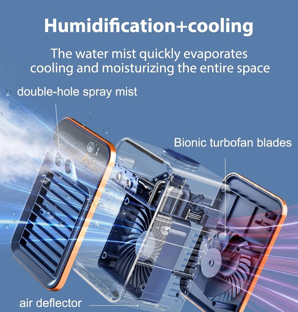 Blue Portable Air Cooler 4-in-1 Fan Humidifier Purifier Rechargeable