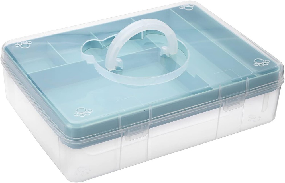 BTSKY 2-Tier Cute Bear Storage Box with Removable Divided Tray Portable Blue