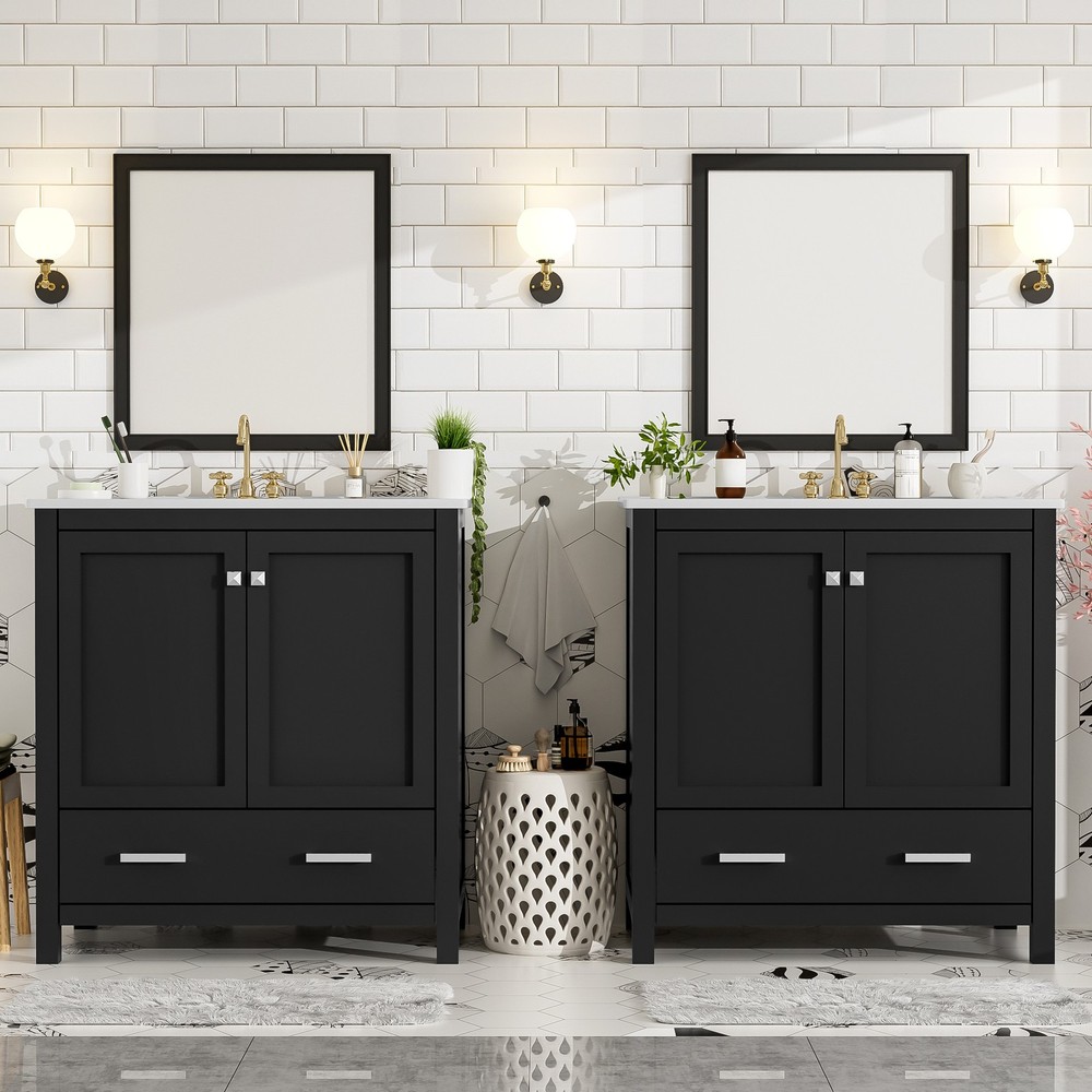 60" Black Bathroom Vanity Set with Double Vanities , Double Ceramic Sinks, Sto