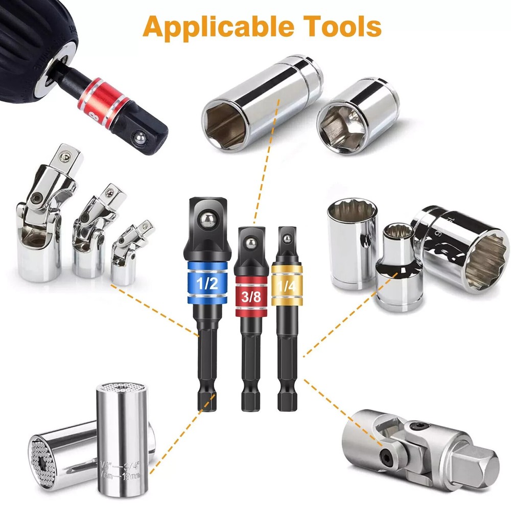 Socket Adapter Impact Hex Shank Drill Bits Set 1/4" 3/8" 1/2"+105° Right Angle
