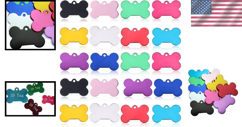 20 Pcs Vibrant Bone Shaped Pet ID Tags – Double-Sided, Engravable Aluminum