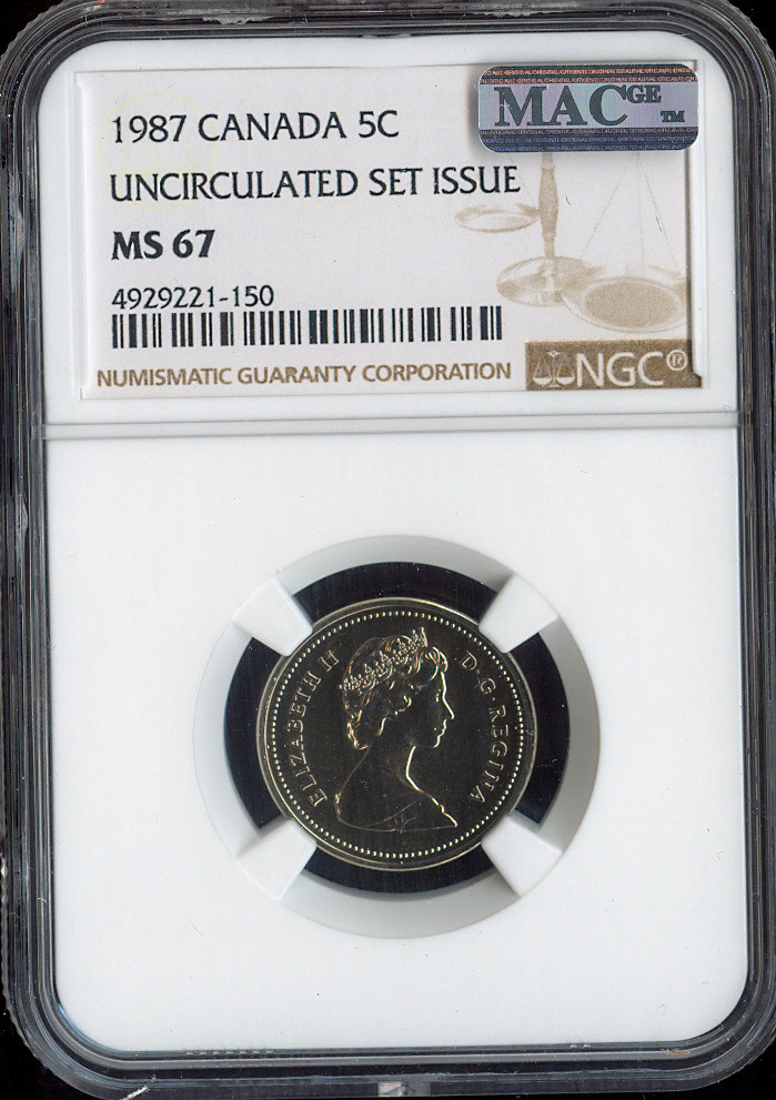 1987 Canada 5 Cents 5C NGC MS67 MAC - Quality