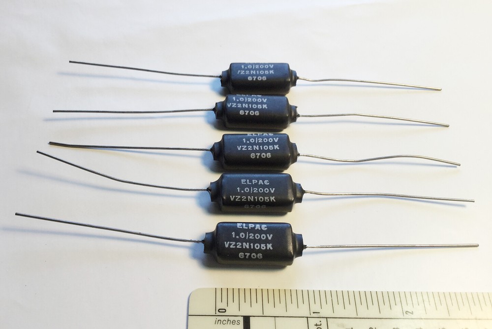5 NOS Elpac PIO Capacitors 1 MFD @ 200 VDC