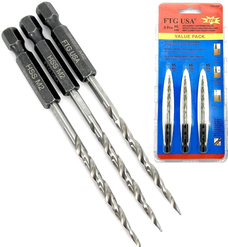FTG USA 3 Pc #6 (9/64") Replacement Tapered Countersink Drill Bit Set All...