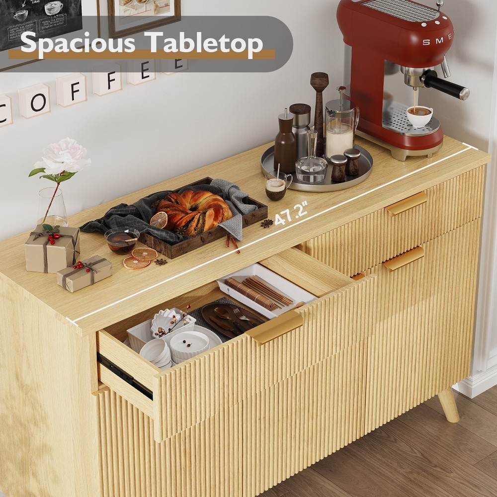 Kitchen Storage Cabinet with Drawers and Doors, Modern Fluted Sideboard Buffet