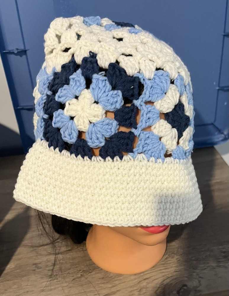 Handmade Crochet spring or summer Bucket Hat Blue White Unique Pattern Design