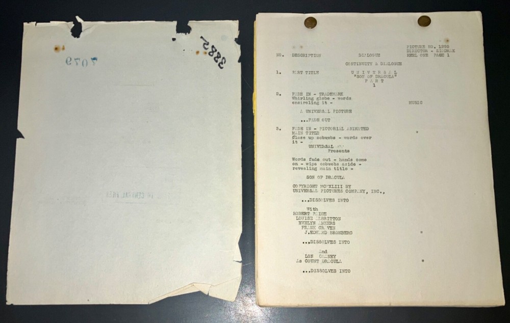 SON OF DRACULA (3/5/43) Rare Universal File Continuity Script + Trailer Script!!