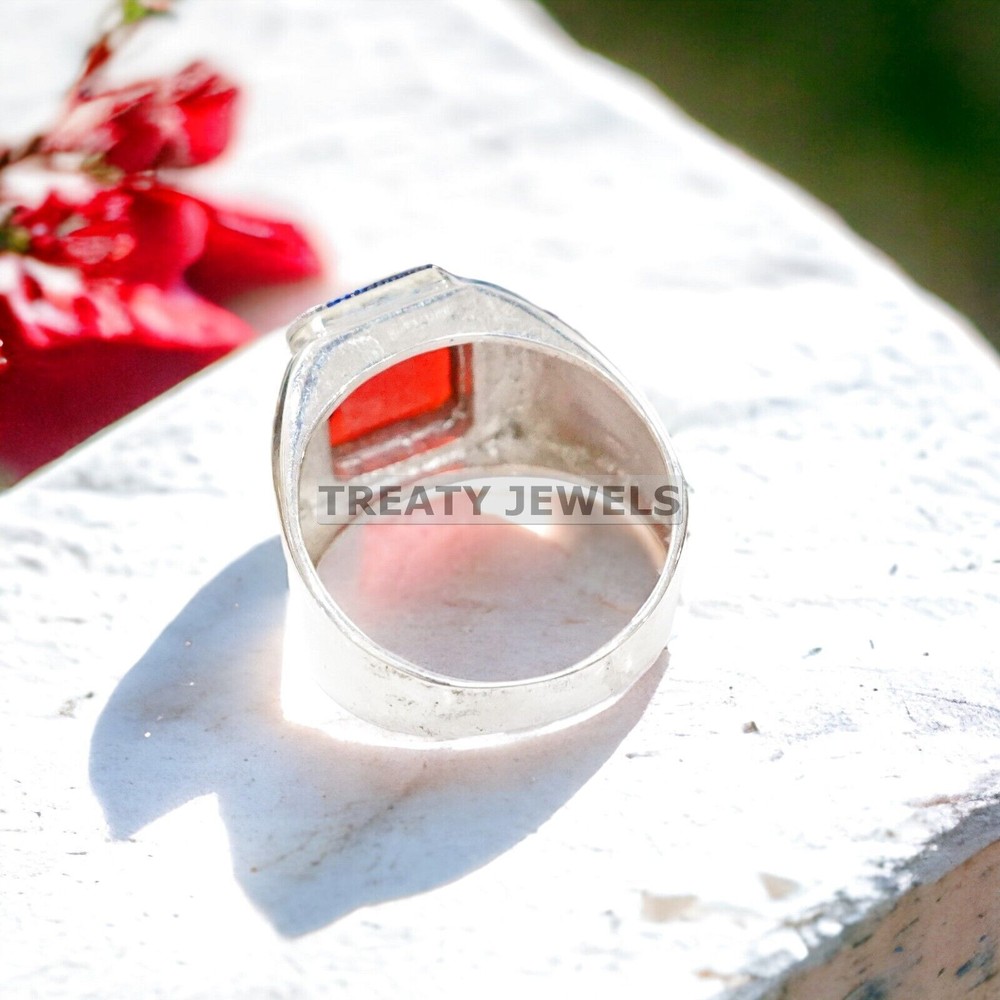 Ruby Emerald Cut Gemstone With 14K Solid White Gold Ring For Men's #989