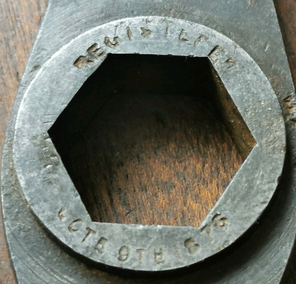 Vintage combination spanner, registered Oct. 9th 1876, slight damage.