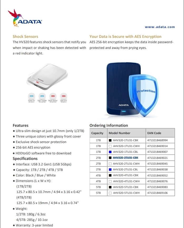 ADATA HV320 2TB USB 3.1 Shockproof Dustproof Ruggedized External Hard Drive