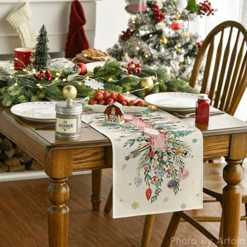Nutcracker Floral Holly Christmas Table Runner, 13" x 72", Table Runner Pink